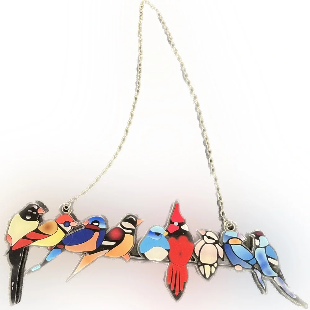 2 Piece Set of Wall Hanging Birds / Faux Stained Glass Look Effect w/ Chain